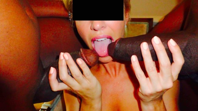 Very sexy, blonde, white woman is a total whore for huge black studs